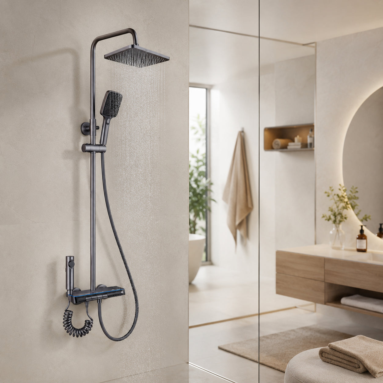 Душова система з термостатом та дисплеєм Faucet CR-25HT007, Графіт / Душова стійка тропічний душ / Гарнітур зі змішувачем