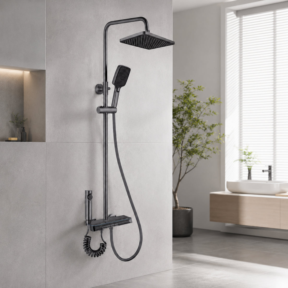 Душова система з термостатом та дисплеєм Faucet CR-25HT007, Графіт / Душова стійка тропічний душ / Гарнітур зі змішувачем