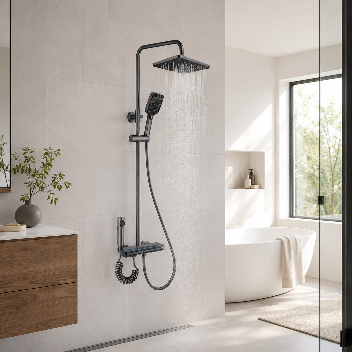 Душова система з термостатом та дисплеєм Faucet CR-25HT007, Графіт / Душова стійка тропічний душ / Гарнітур зі змішувачем