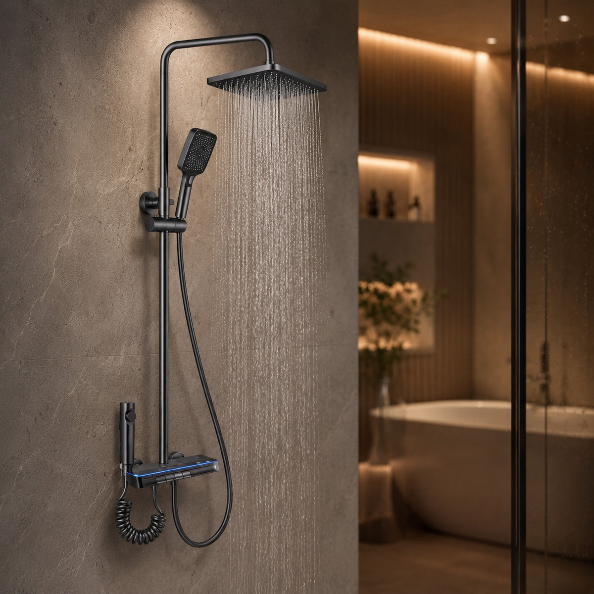 Душова система з термостатом та дисплеєм Faucet CR-25HT007, Графіт / Душова стійка тропічний душ / Гарнітур зі змішувачем