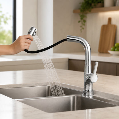 Змішувач для кухні з висувною лійкою, Faucet CR-8428, Хром / Кухонний кран з нержавіючої сталі / Висувний змішувач для мийки