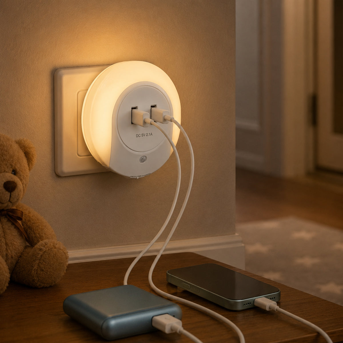 LED нічник у розетку з датчиком світла та 2 USB, Білий / Світильник нічного світла / Дитячий нічник