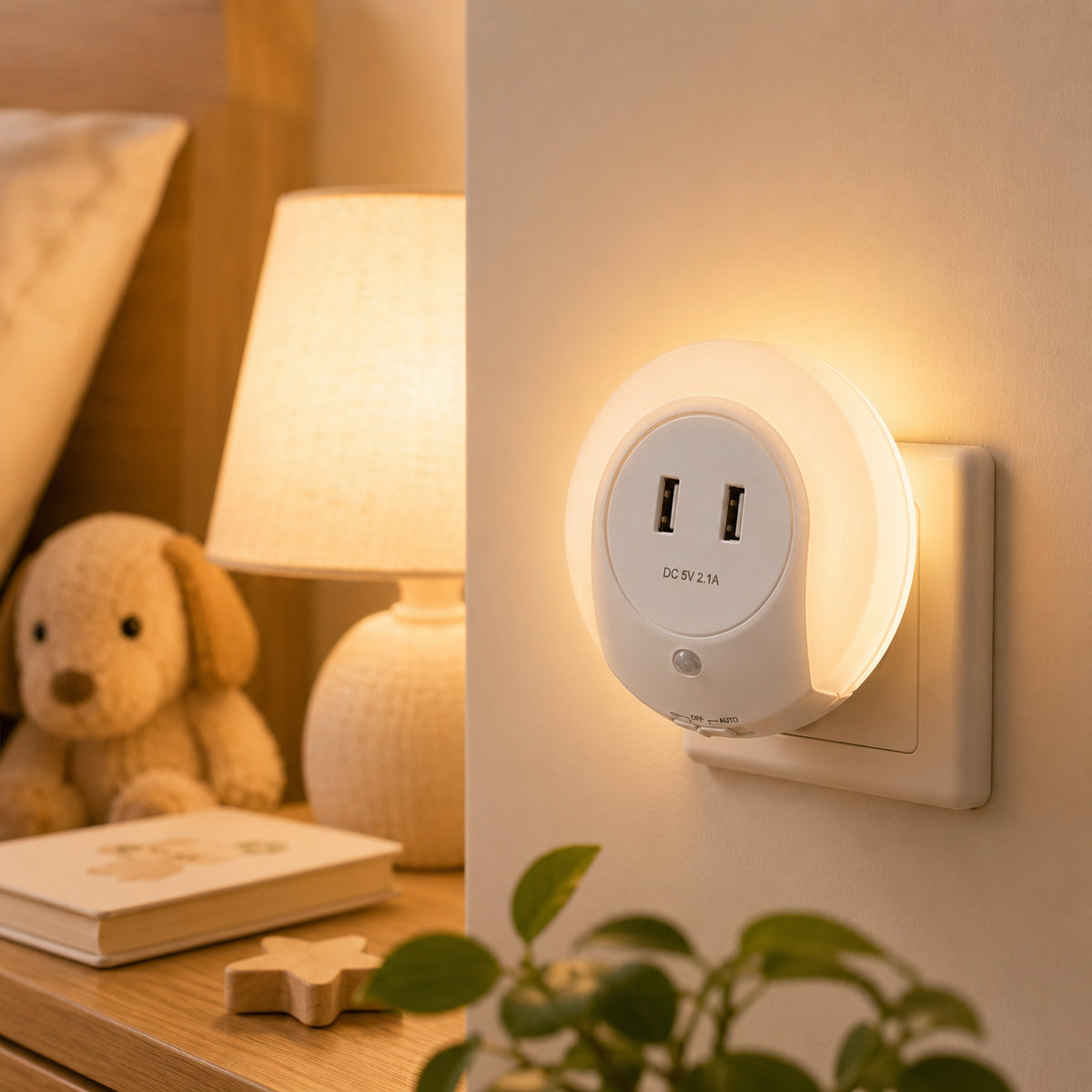 LED нічник у розетку з датчиком світла та 2 USB, Білий / Світильник нічного світла / Дитячий нічник