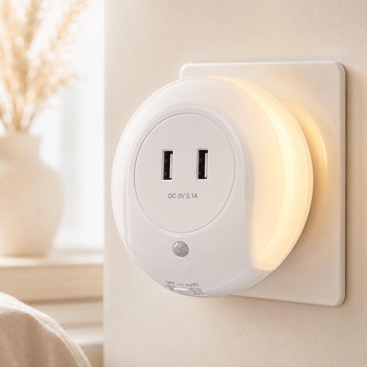 LED нічник у розетку з датчиком світла та 2 USB, Білий / Світильник нічного світла / Дитячий нічник