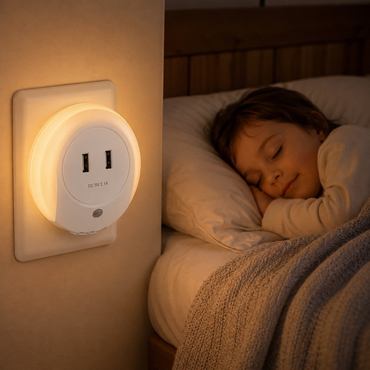 LED нічник у розетку з датчиком світла та 2 USB, Білий / Світильник нічного світла / Дитячий нічник