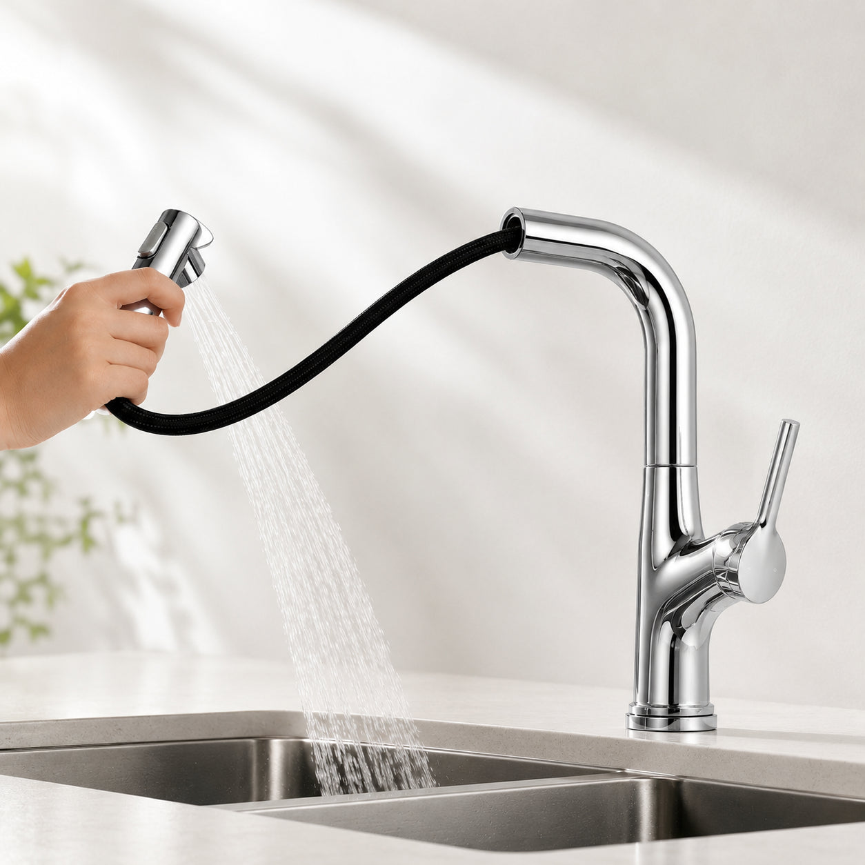 Змішувач для кухні з висувною лійкою, Faucet CR-8428, Хром / Кухонний кран з нержавіючої сталі / Висувний змішувач для мийки