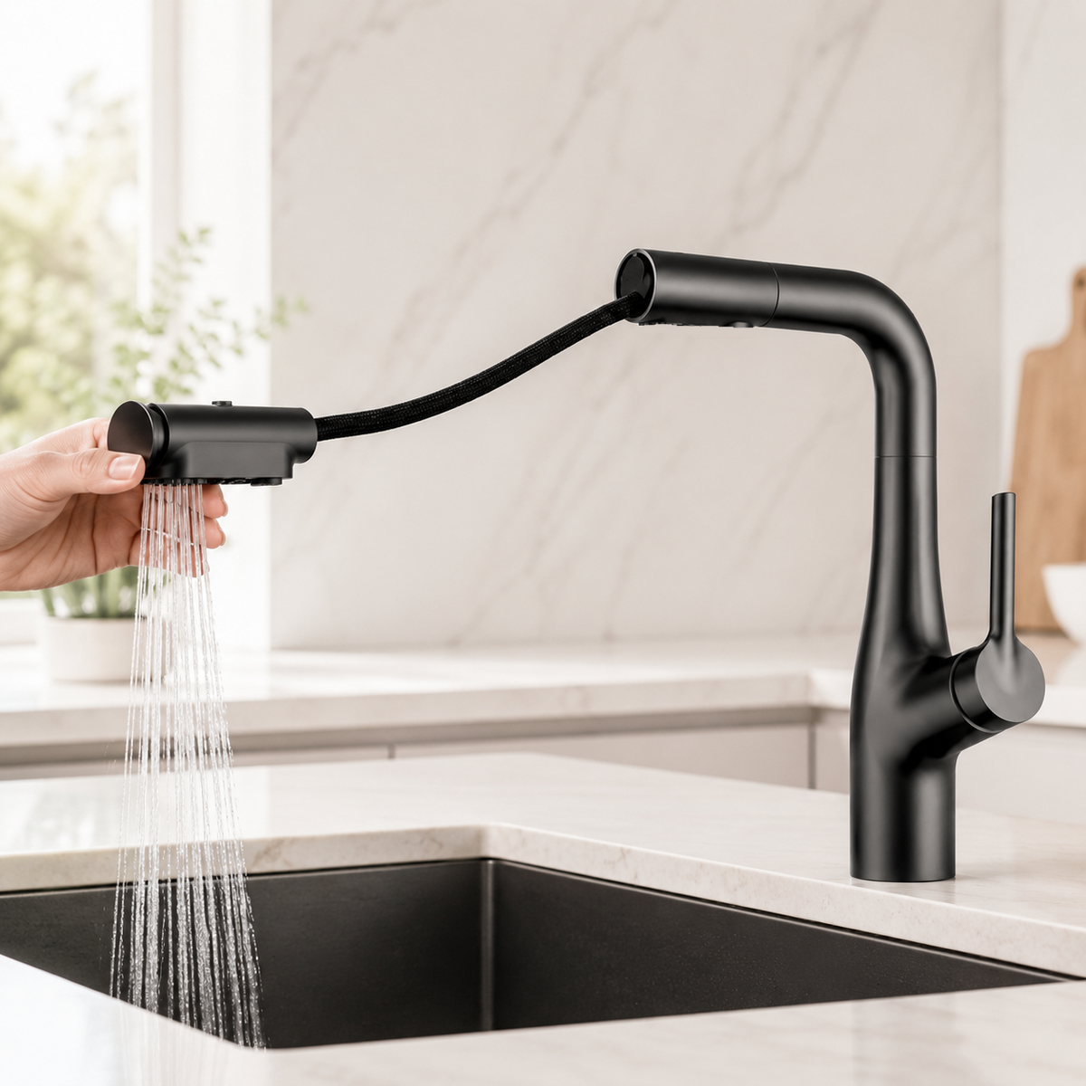 Змішувач для кухні з висувним виливом, 360°, Faucet CR-8429, Чорний / Кран на кухонну мийку / Висувний змішувач для мийки