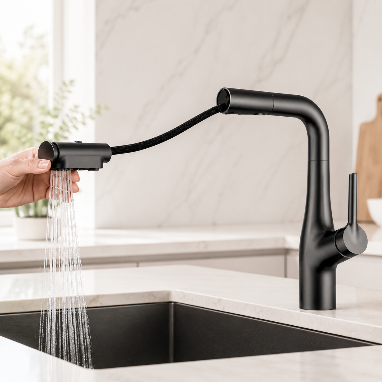 Змішувач для кухні з висувним виливом, 360°, Faucet CR-8429, Чорний / Кран на кухонну мийку / Висувний змішувач для мийки