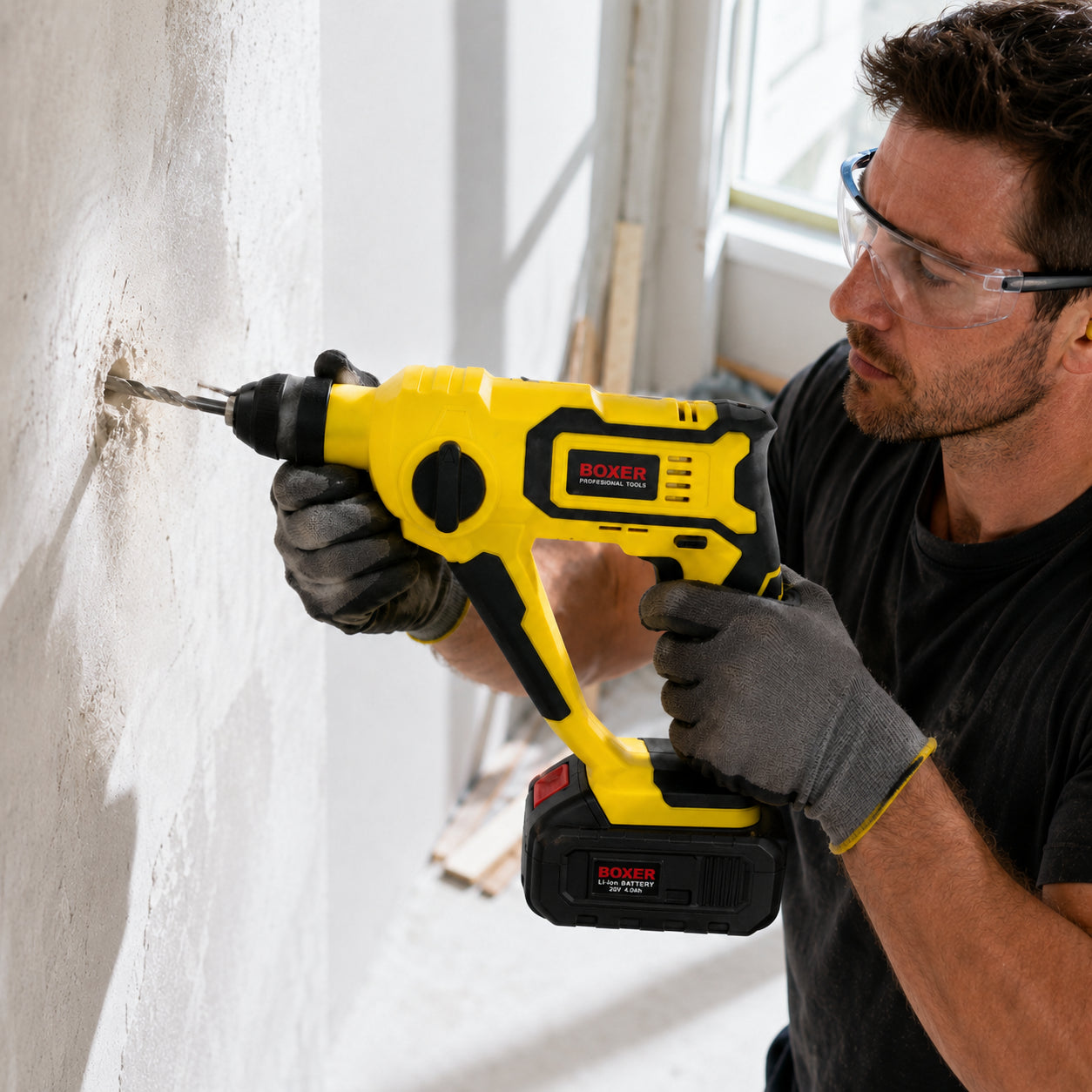 Акумуляторний перфоратор SDS+ в кейсі, 2 акб, Boxer SR-145, Жовтий / Ударний дриль для бетону / Дриль-перфоратор для ремонту