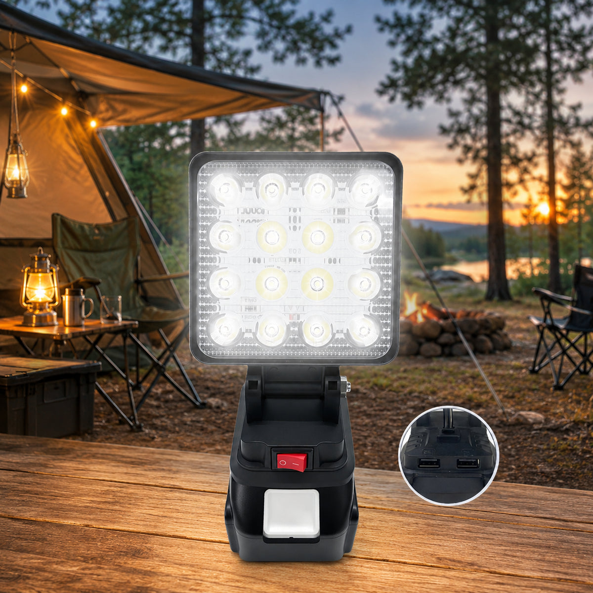 Led прожектор, від акумулятора електроінструмента, 2xUSB, Чорний  / LED лампа для кемпінгу / Світлодіодний ліхтар для природи