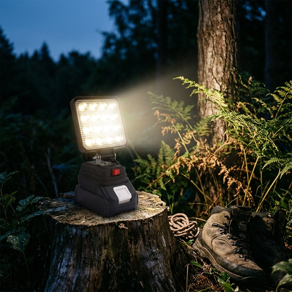 Led прожектор, від акумулятора електроінструмента, 2xUSB, Чорний  / LED лампа для кемпінгу / Світлодіодний ліхтар для природи