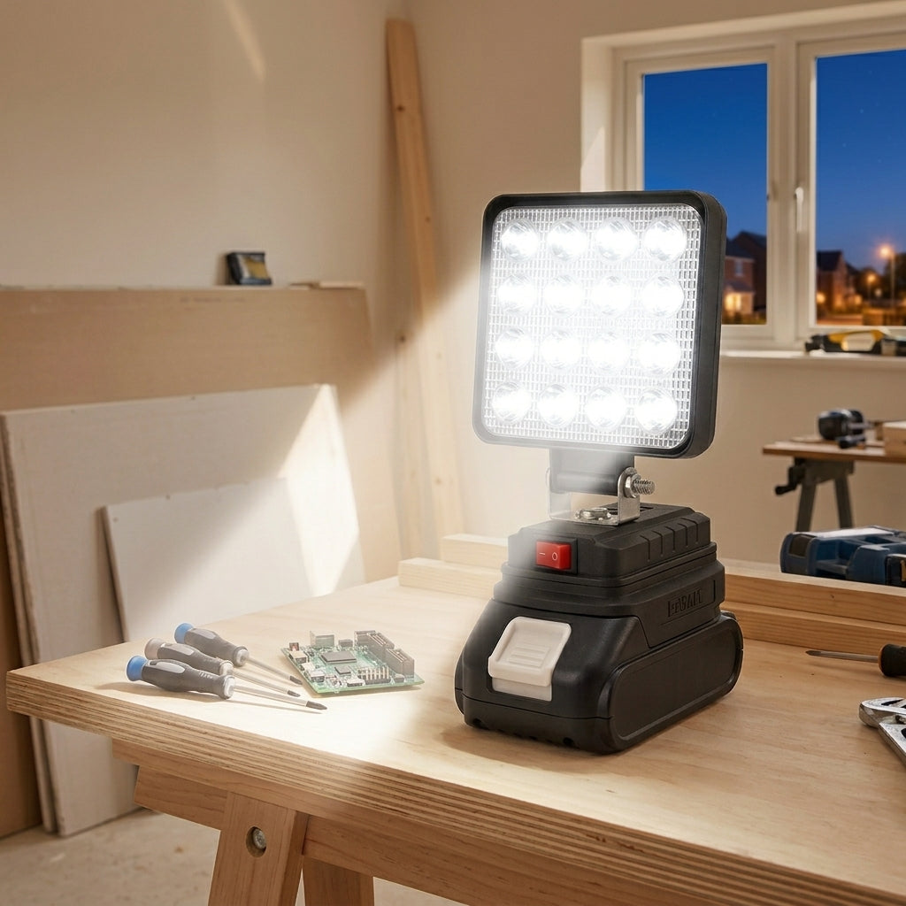 Led прожектор, від акумулятора електроінструмента, 2xUSB, Чорний  / LED лампа для кемпінгу / Світлодіодний ліхтар для природи