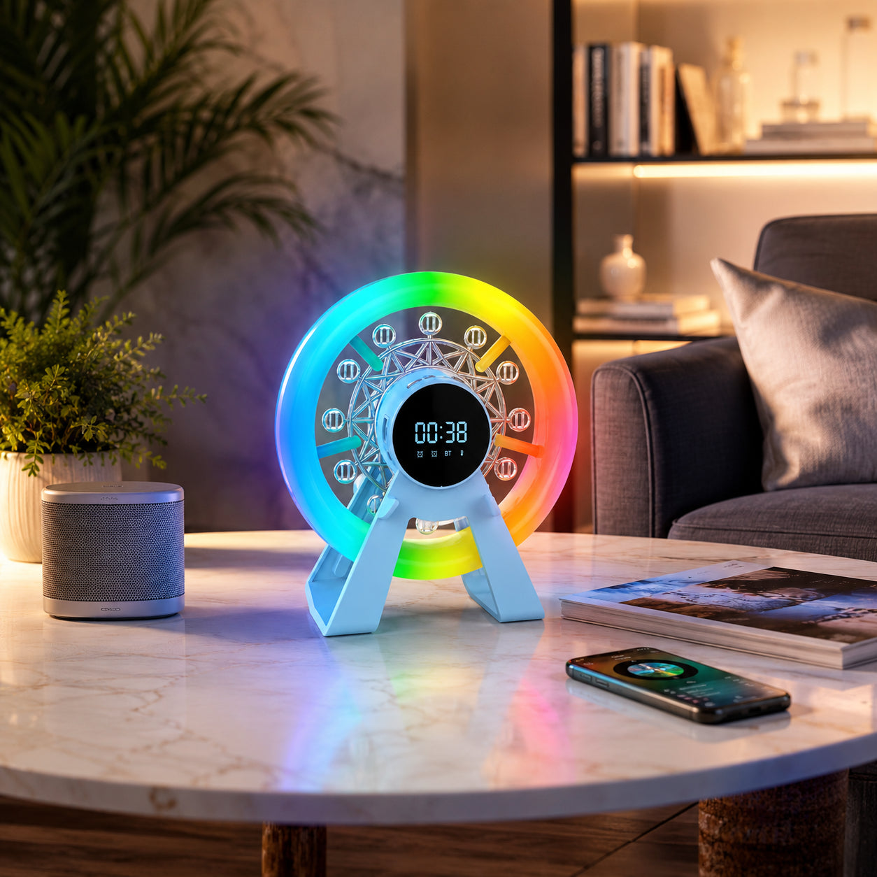 Нічник колонка Bluetooth, Карусель, LCD-дисплей, Блакитна / RGB лампа годинник / Блютуз колонка для спальні / Нічник з будильником