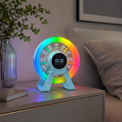 Нічник колонка Bluetooth, Карусель, LCD-дисплей, Блакитна / RGB лампа годинник / Блютуз колонка для спальні / Нічник з будильником