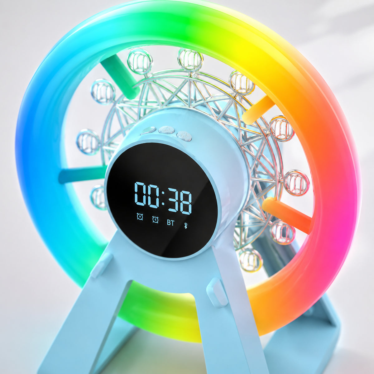 Нічник колонка Bluetooth, Карусель, LCD-дисплей, Блакитна / RGB лампа годинник / Блютуз колонка для спальні / Нічник з будильником