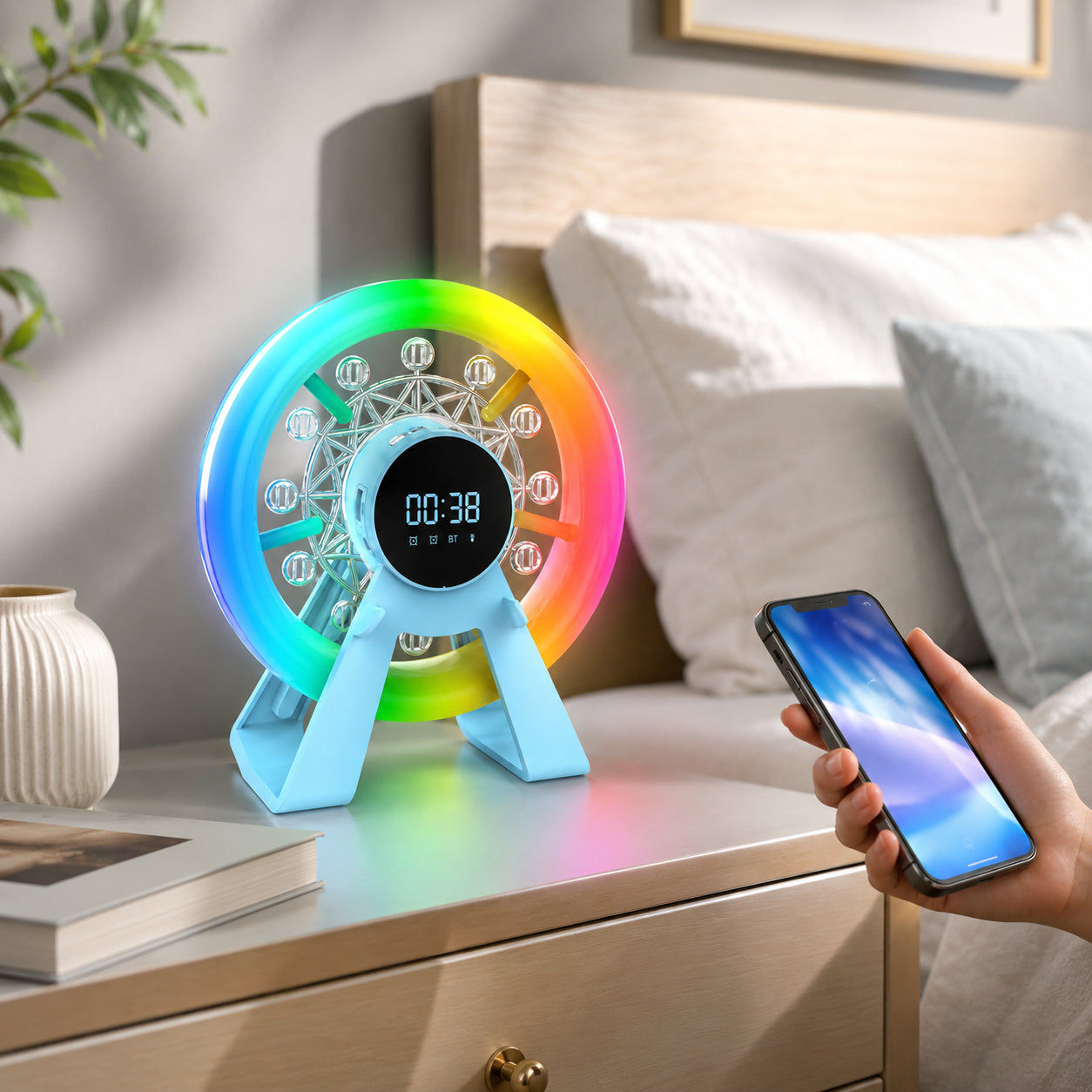 Нічник колонка Bluetooth, Карусель, LCD-дисплей, Блакитна / RGB лампа годинник / Блютуз колонка для спальні / Нічник з будильником