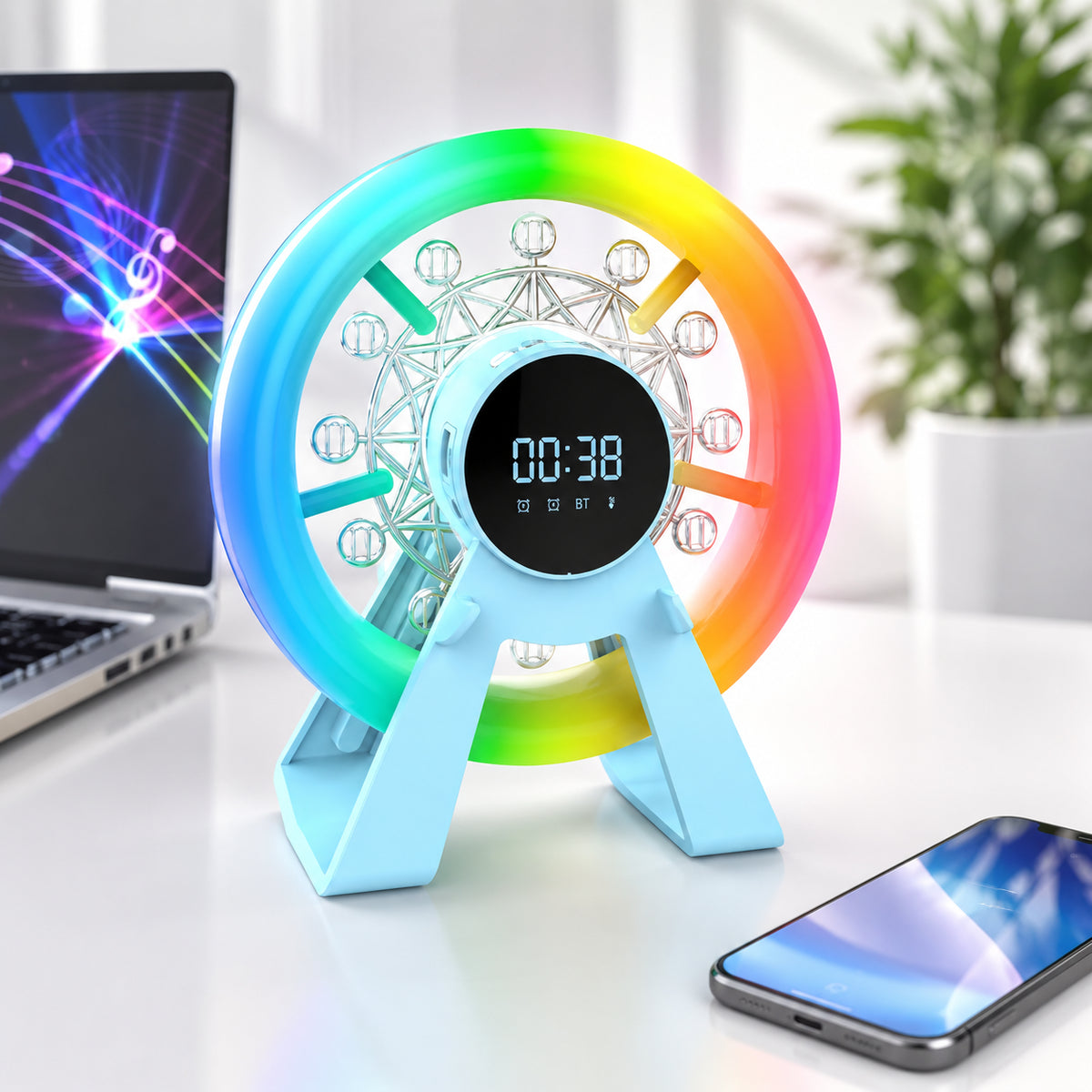 Нічник колонка Bluetooth, Карусель, LCD-дисплей, Блакитна / RGB лампа годинник / Блютуз колонка для спальні / Нічник з будильником