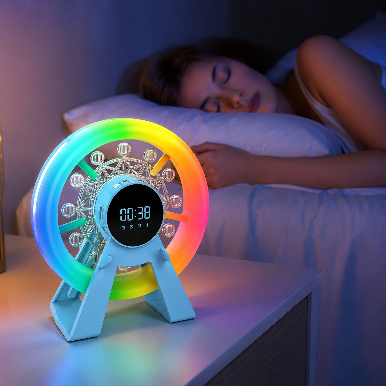 Нічник колонка Bluetooth, Карусель, LCD-дисплей, Блакитна / RGB лампа годинник / Блютуз колонка для спальні / Нічник з будильником