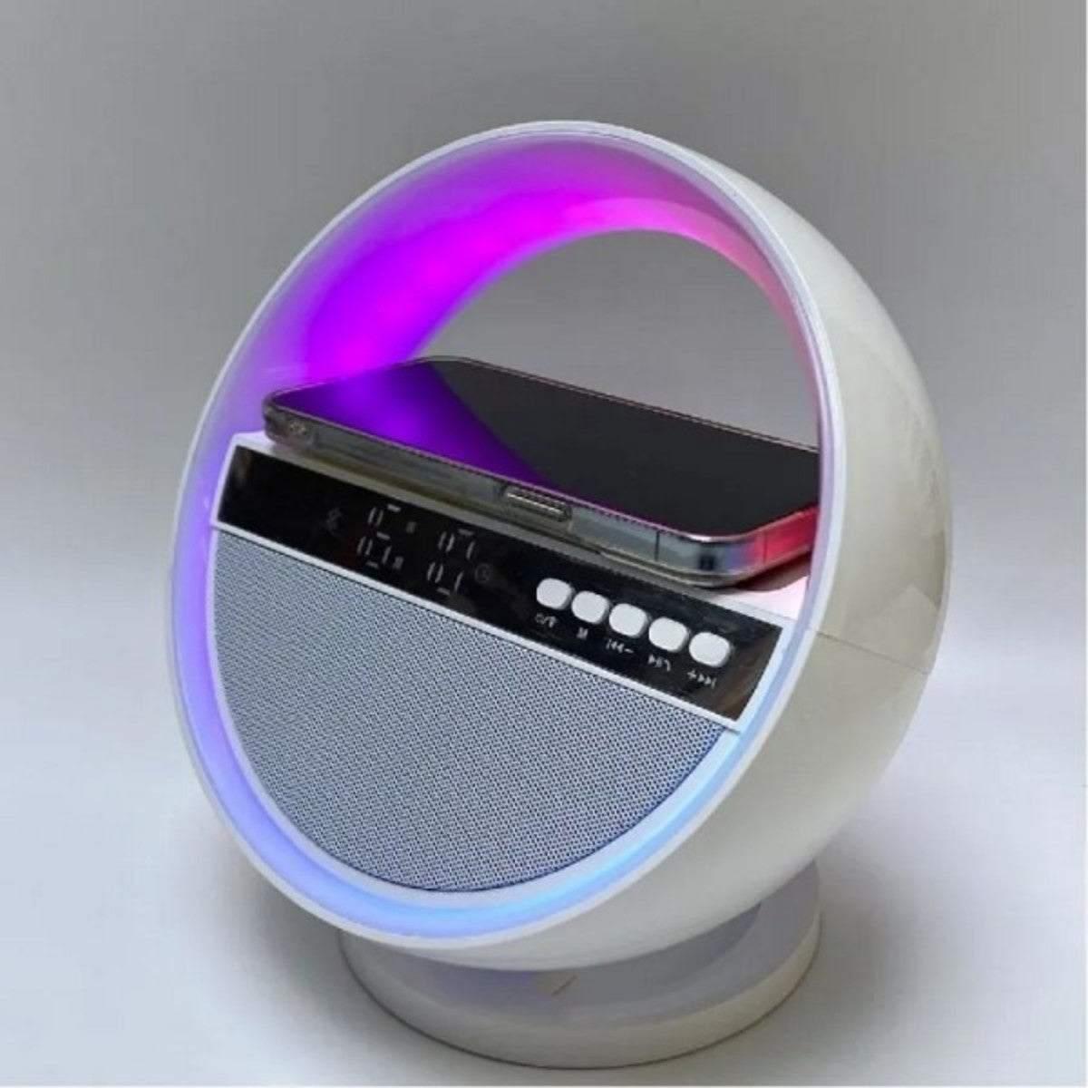 Нічник колонка з бездротовою зарядкою, Bluetooth, Біла / RGB лампа годинник / Блютуз колонка / Нічник з годинником / LED лампа