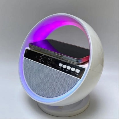 Нічник колонка з бездротовою зарядкою, Bluetooth, Біла / RGB лампа годинник / Блютуз колонка / Нічник з годинником / LED лампа