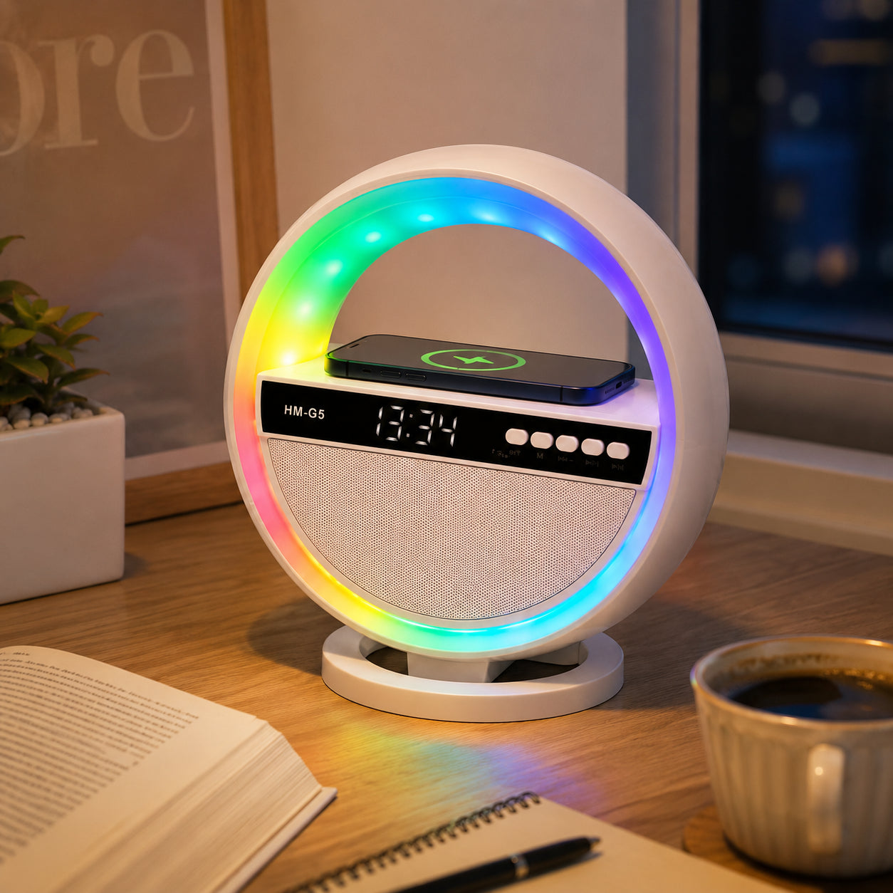 Нічник колонка з бездротовою зарядкою, Bluetooth, Біла / RGB лампа годинник / Блютуз колонка / Нічник з годинником / LED лампа