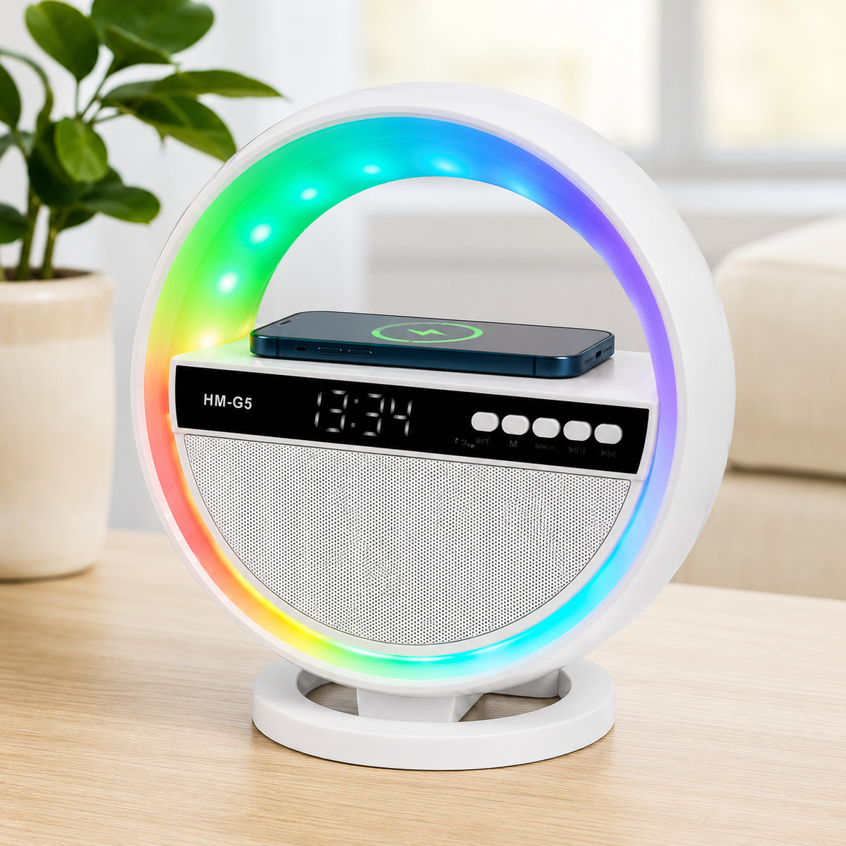 Нічник колонка з бездротовою зарядкою, Bluetooth, Біла / RGB лампа годинник / Блютуз колонка / Нічник з годинником / LED лампа