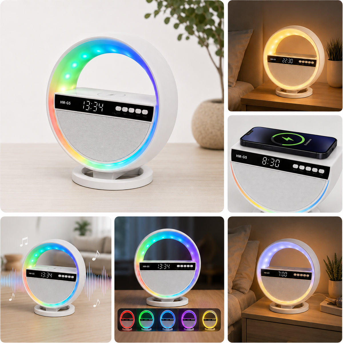 Нічник колонка з бездротовою зарядкою, Bluetooth, Біла / RGB лампа годинник / Блютуз колонка / Нічник з годинником / LED лампа