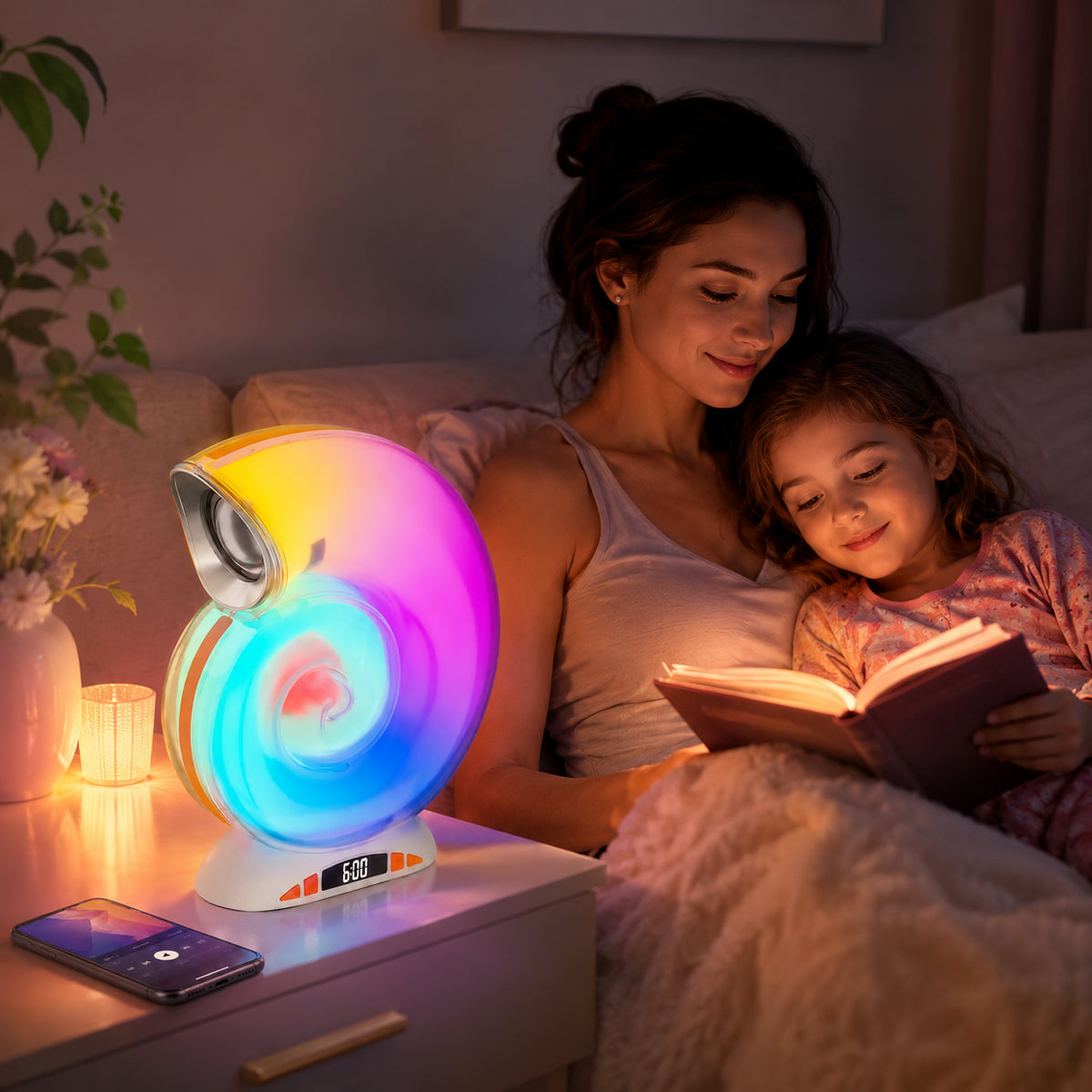 Настільна лампа Ракушка, RGB, з Bluetooth-колонкою та годинником, Біла / LED нічник / Лампа з блютуз / Смарт-світильник
