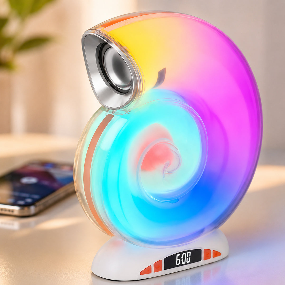 Настільна лампа Ракушка, RGB, з Bluetooth-колонкою та годинником, Біла / LED нічник / Лампа з блютуз / Смарт-світильник