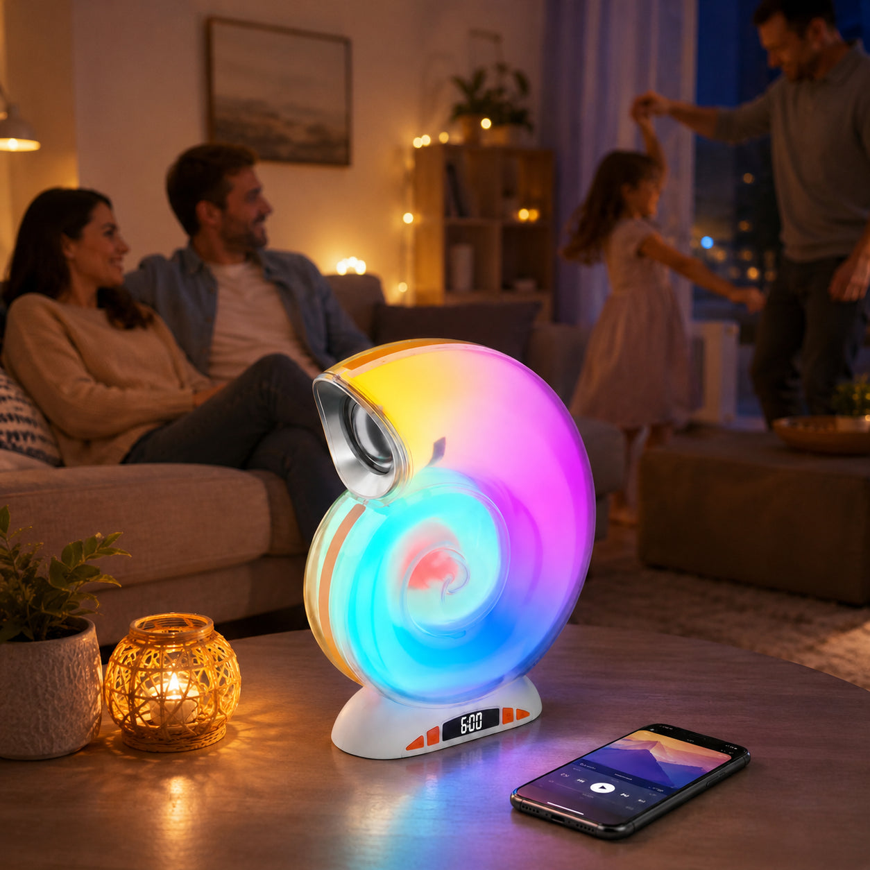 Настільна лампа Ракушка, RGB, з Bluetooth-колонкою та годинником, Біла / LED нічник / Лампа з блютуз / Смарт-світильник