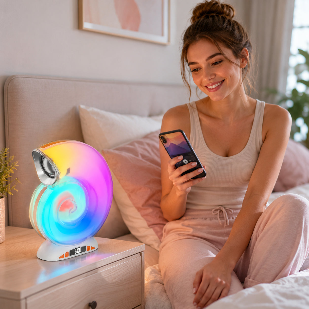 Настільна лампа Ракушка, RGB, з Bluetooth-колонкою та годинником, Біла / LED нічник / Лампа з блютуз / Смарт-світильник
