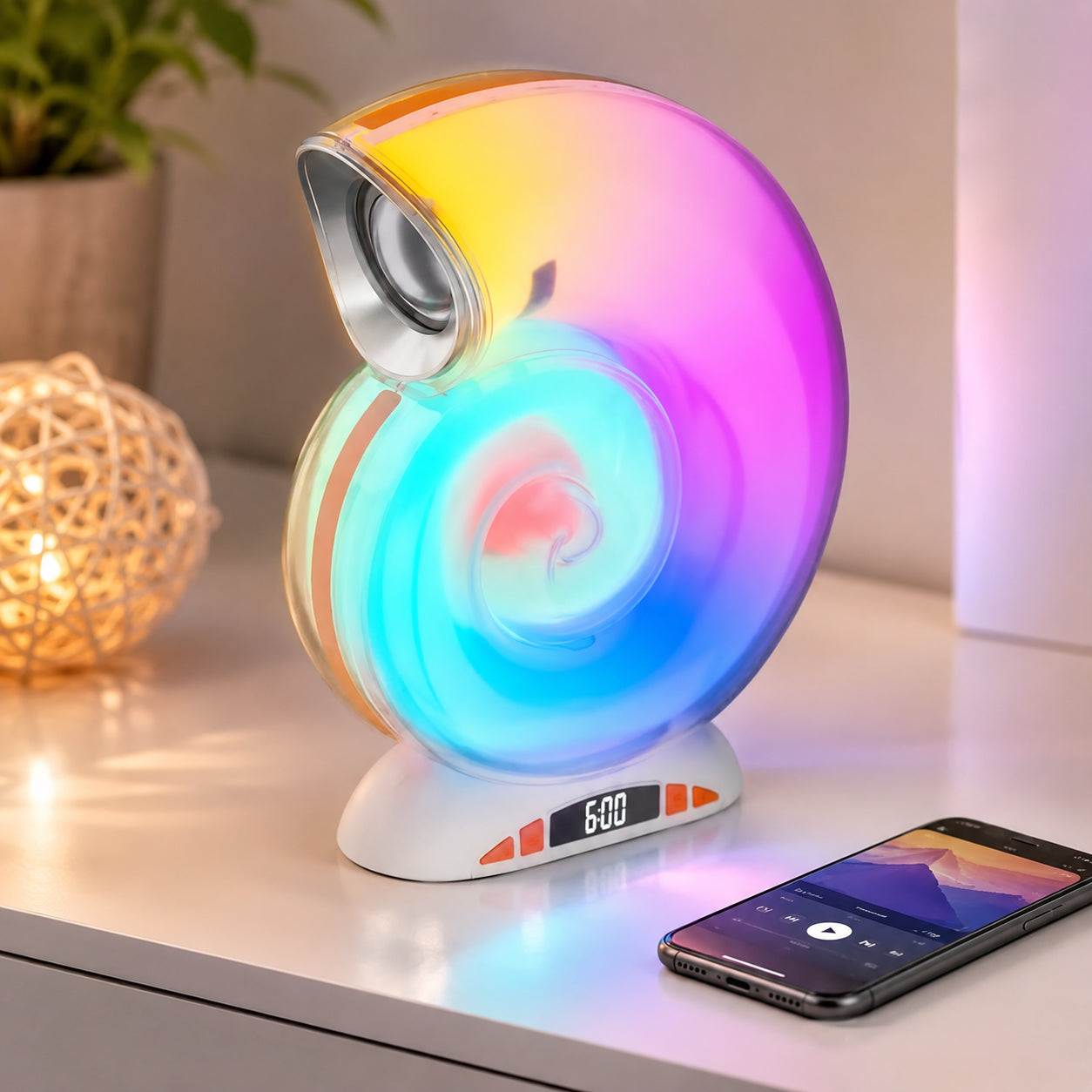 Настільна лампа Ракушка, RGB, з Bluetooth-колонкою та годинником, Біла / LED нічник / Лампа з блютуз / Смарт-світильник
