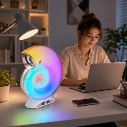 Настільна лампа Ракушка, RGB, з Bluetooth-колонкою та годинником, Біла / LED нічник / Лампа з блютуз / Смарт-світильник