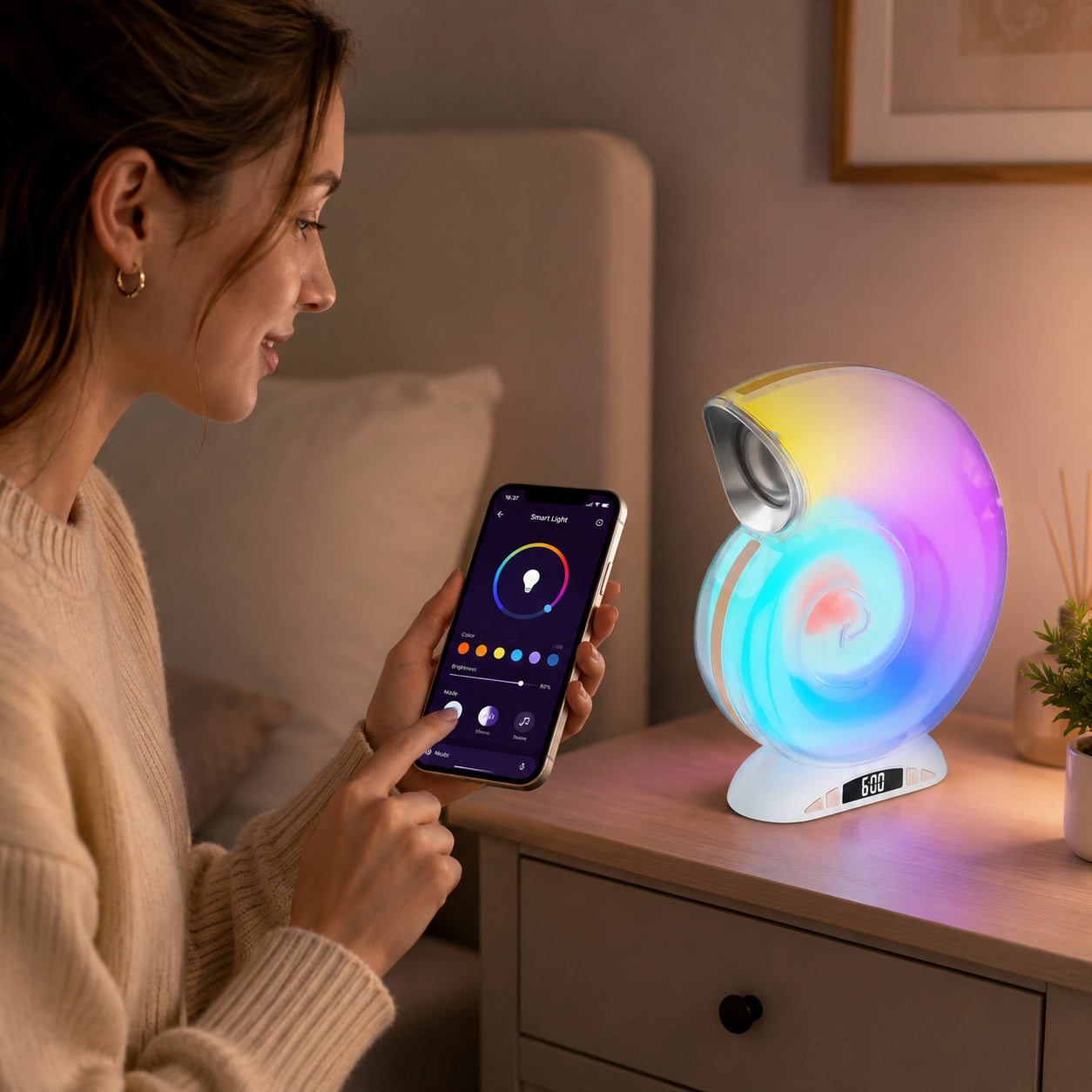 Настільна лампа Ракушка, RGB, з Bluetooth-колонкою та годинником, Біла / LED нічник / Лампа з блютуз / Смарт-світильник