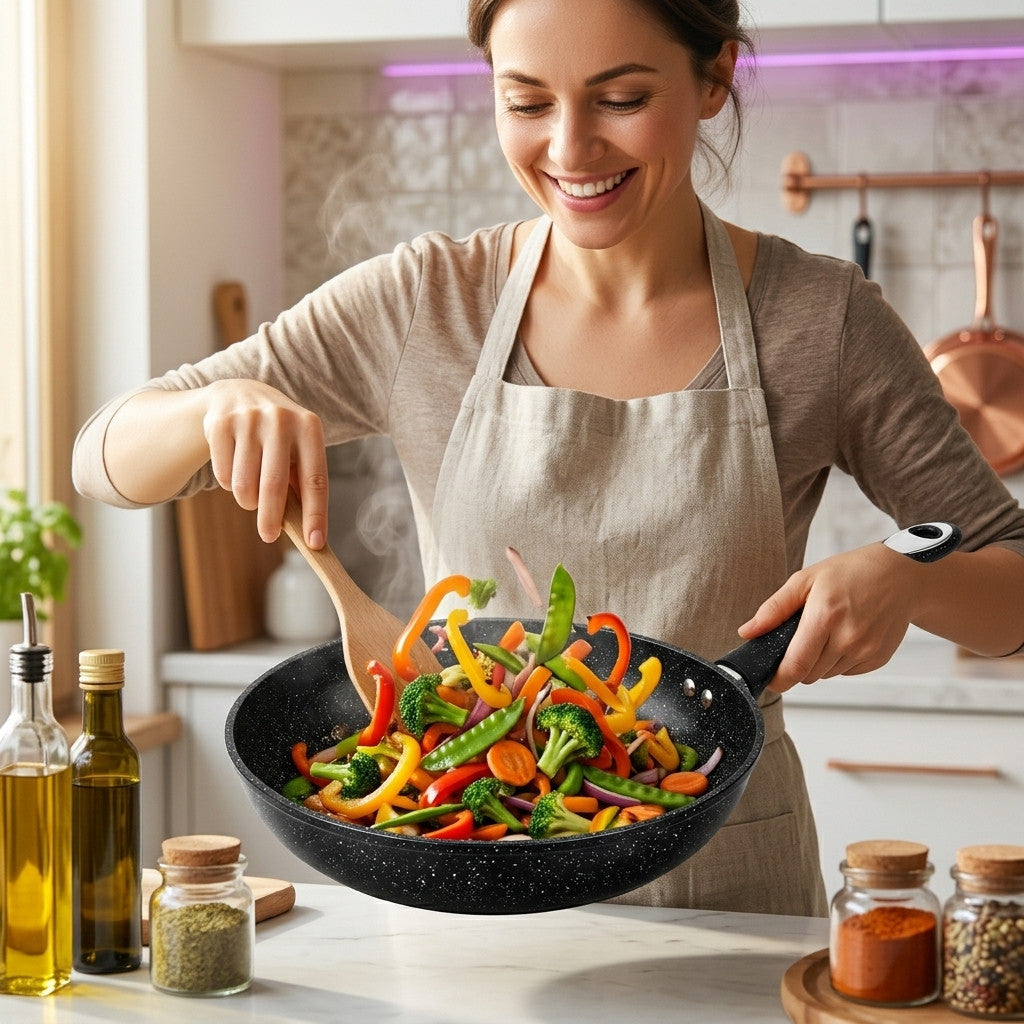 Сковорода антипригарна, 24см, Higher Kitchen, Чорний / Сковорідка для кухні / Кухонна сковорода / Сковорода алюмінієва мармур