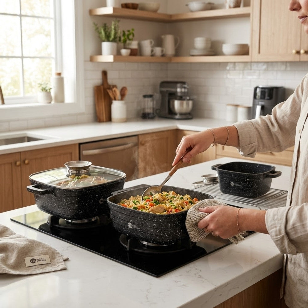 Набір каструль з антипригарним покриттям, 3шт, Higher Kitchen HK-322, Червоні / Набір посуду / Каструлі з кришками