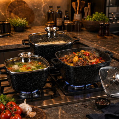 Набір каструль з антипригарним покриттям, 3шт, Higher Kitchen HK-322, Червоні / Набір посуду / Каструлі з кришками