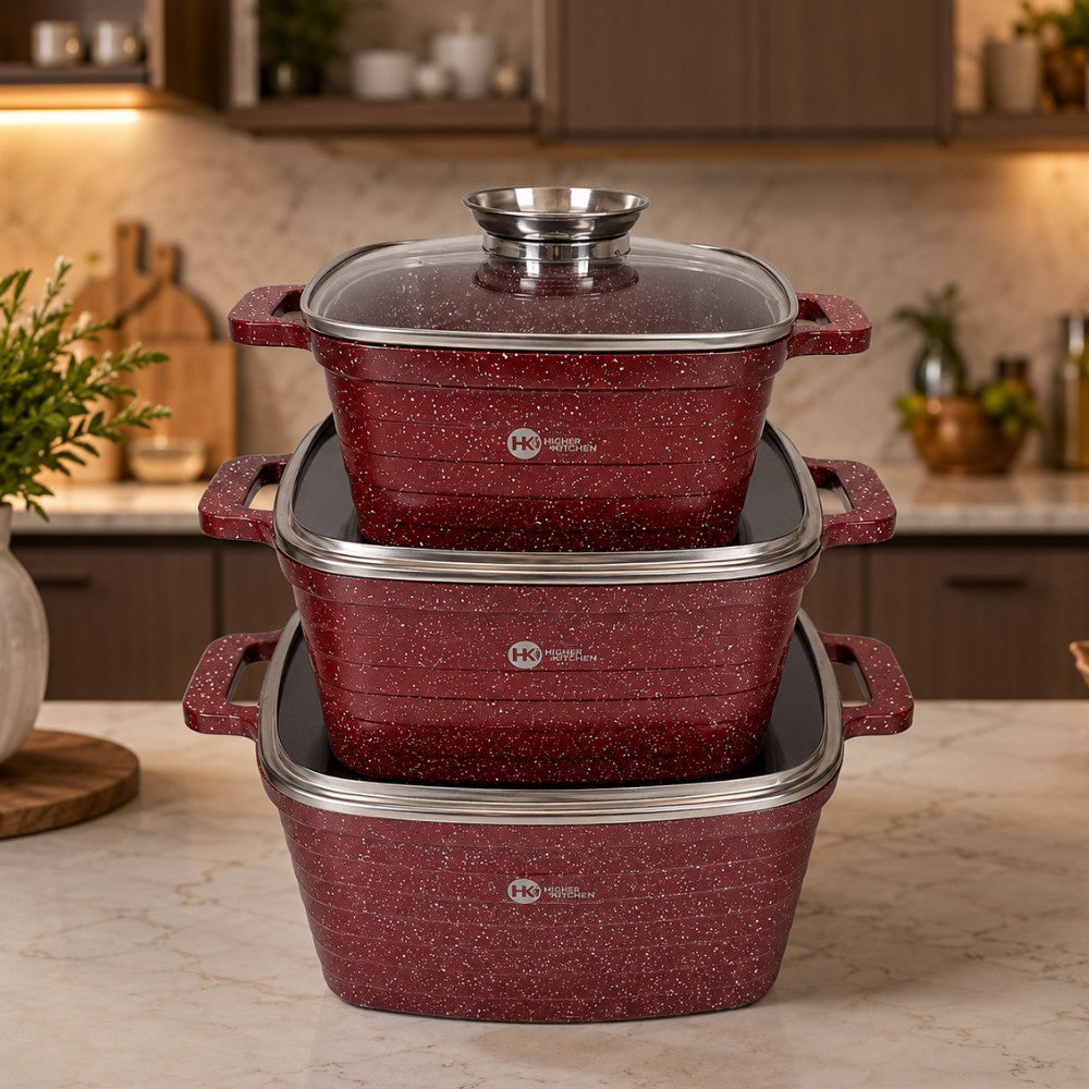 Набір каструль з антипригарним покриттям, 3шт, Higher Kitchen HK-322, Червоні / Набір посуду / Каструлі з кришками