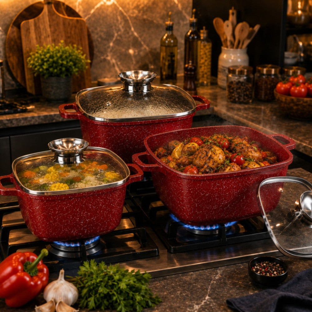Набір каструль з антипригарним покриттям, 3шт, Higher Kitchen HK-322, Червоні / Набір посуду / Каструлі з кришками