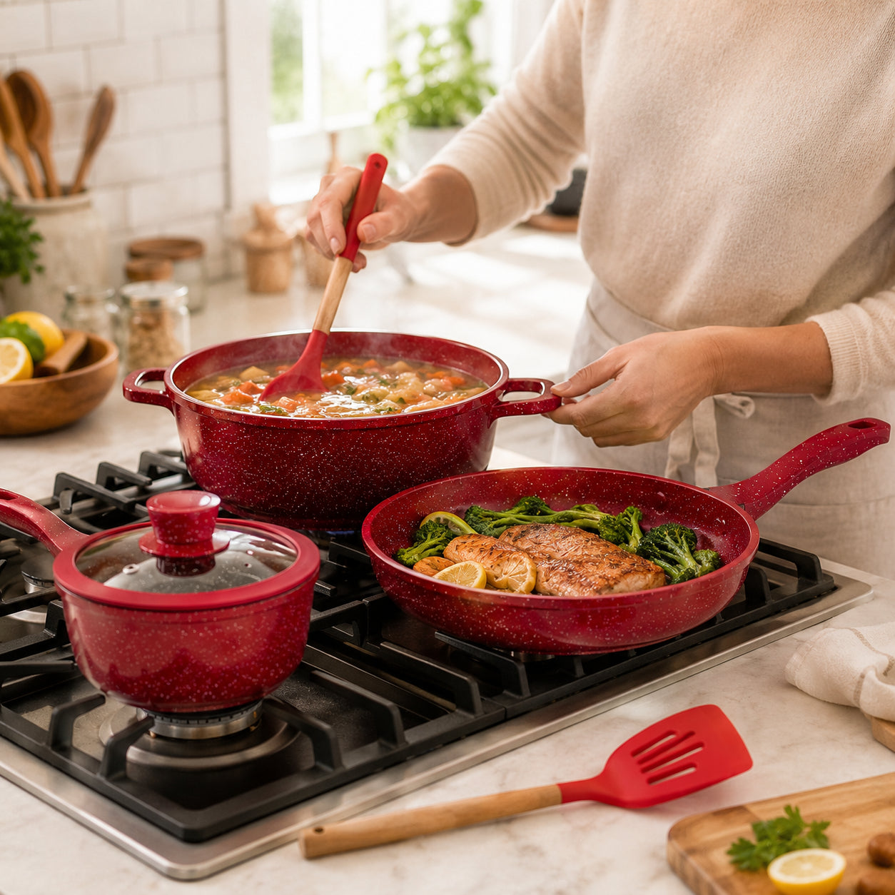 Набір кухонного посуду, 17 предметів, з гранітним покриттям, Higher Kitchen HK-316, Червоний / Набір каструль зі сковорідкою