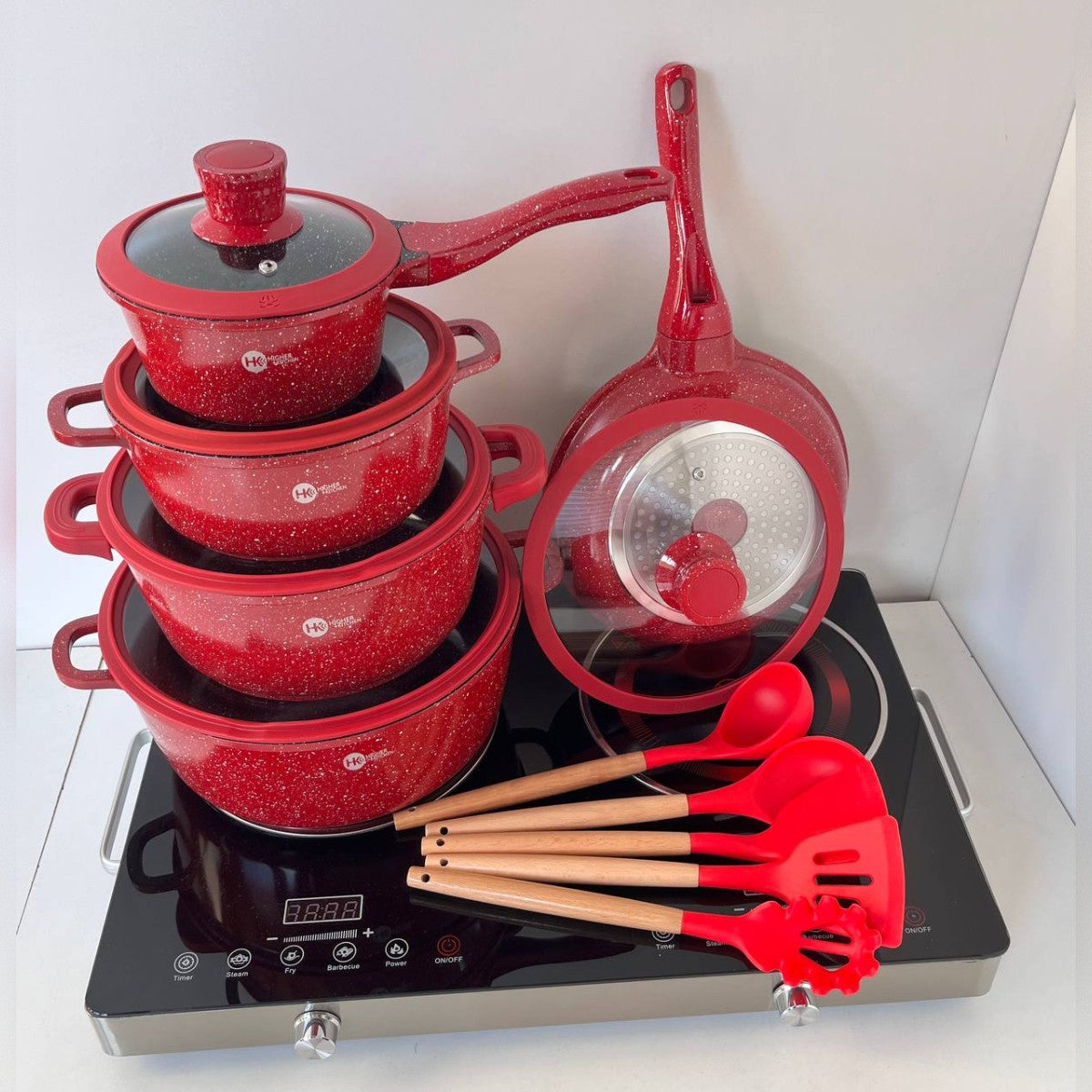 Набір кухонного посуду, 17 предметів, з гранітним покриттям, Higher Kitchen HK-316, Червоний / Набір каструль зі сковорідкою