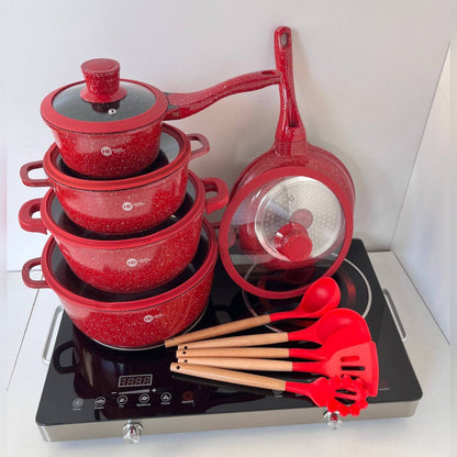 Набір кухонного посуду, 17 предметів, з гранітним покриттям, Higher Kitchen HK-316, Червоний / Набір каструль зі сковорідкою