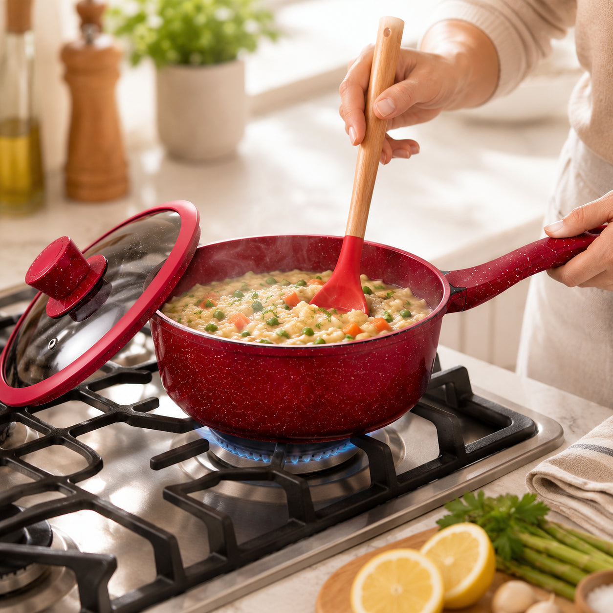 Набір кухонного посуду, 17 предметів, з гранітним покриттям, Higher Kitchen HK-316, Червоний / Набір каструль зі сковорідкою