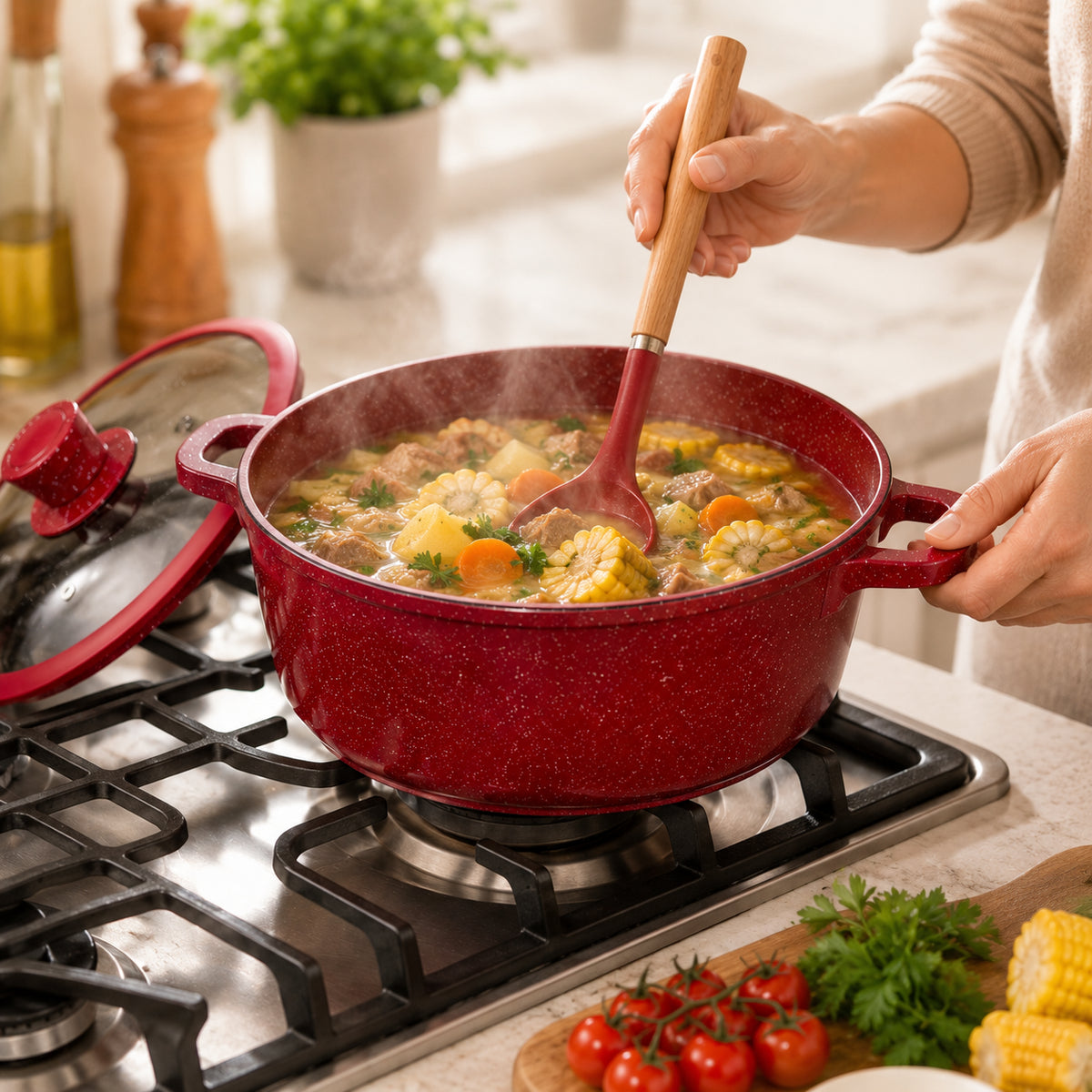 Набір кухонного посуду, 17 предметів, з гранітним покриттям, Higher Kitchen HK-316, Червоний / Набір каструль зі сковорідкою