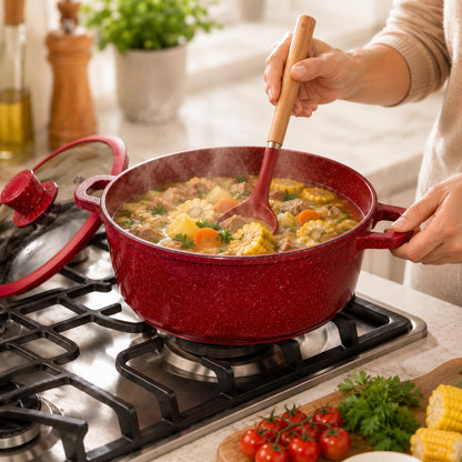 Набір кухонного посуду, 17 предметів, з гранітним покриттям, Higher Kitchen HK-316, Червоний / Набір каструль зі сковорідкою