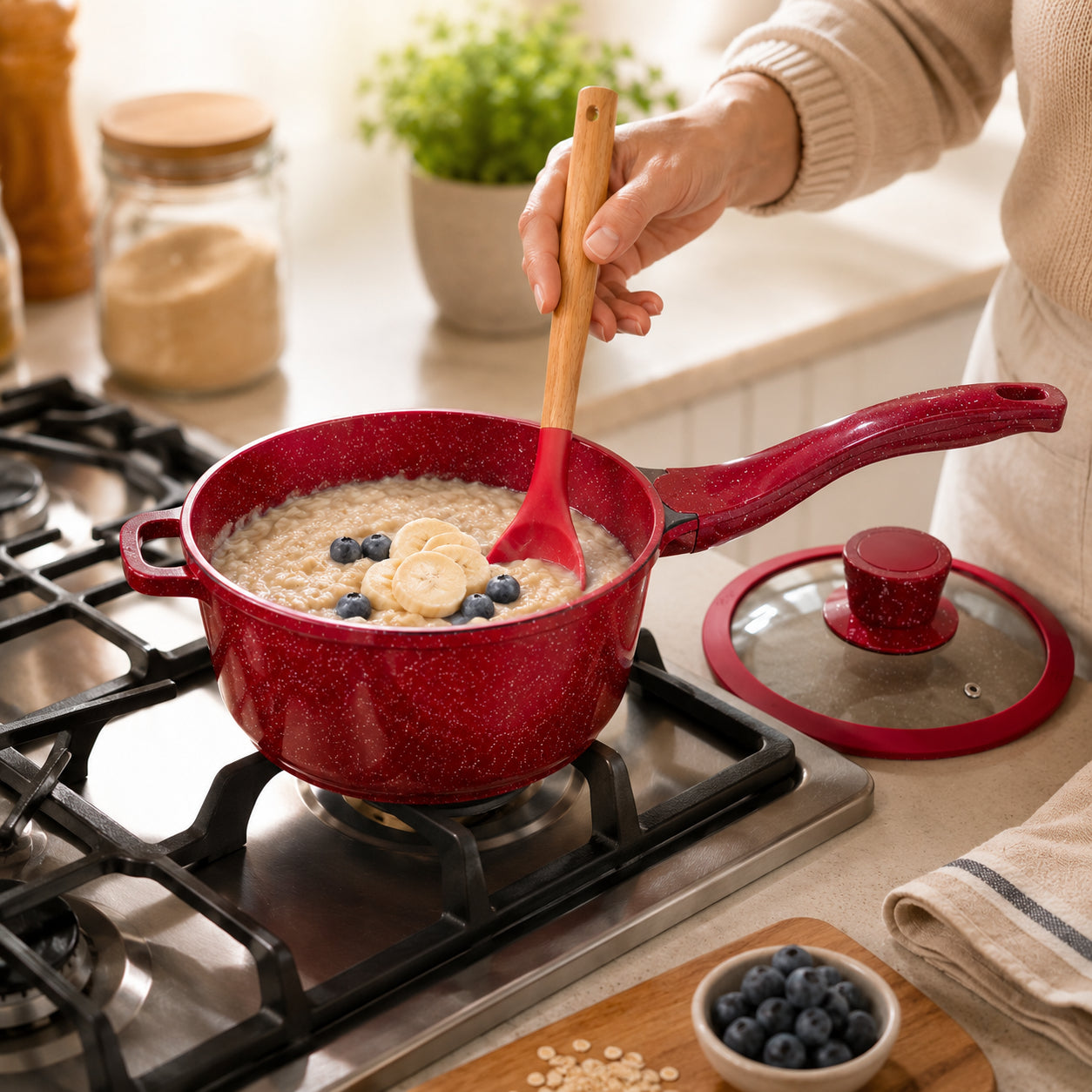 Набір кухонного посуду, 17 предметів, з гранітним покриттям, Higher Kitchen HK-316, Червоний / Набір каструль зі сковорідкою