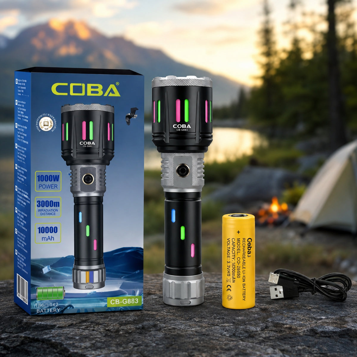 Ручний ліхтар з акумулятором 10000 mAh, СB-G683, Чорний / Ліхтарик для кемпінгу / Світлодіодний ліхтар на акумуляторі
