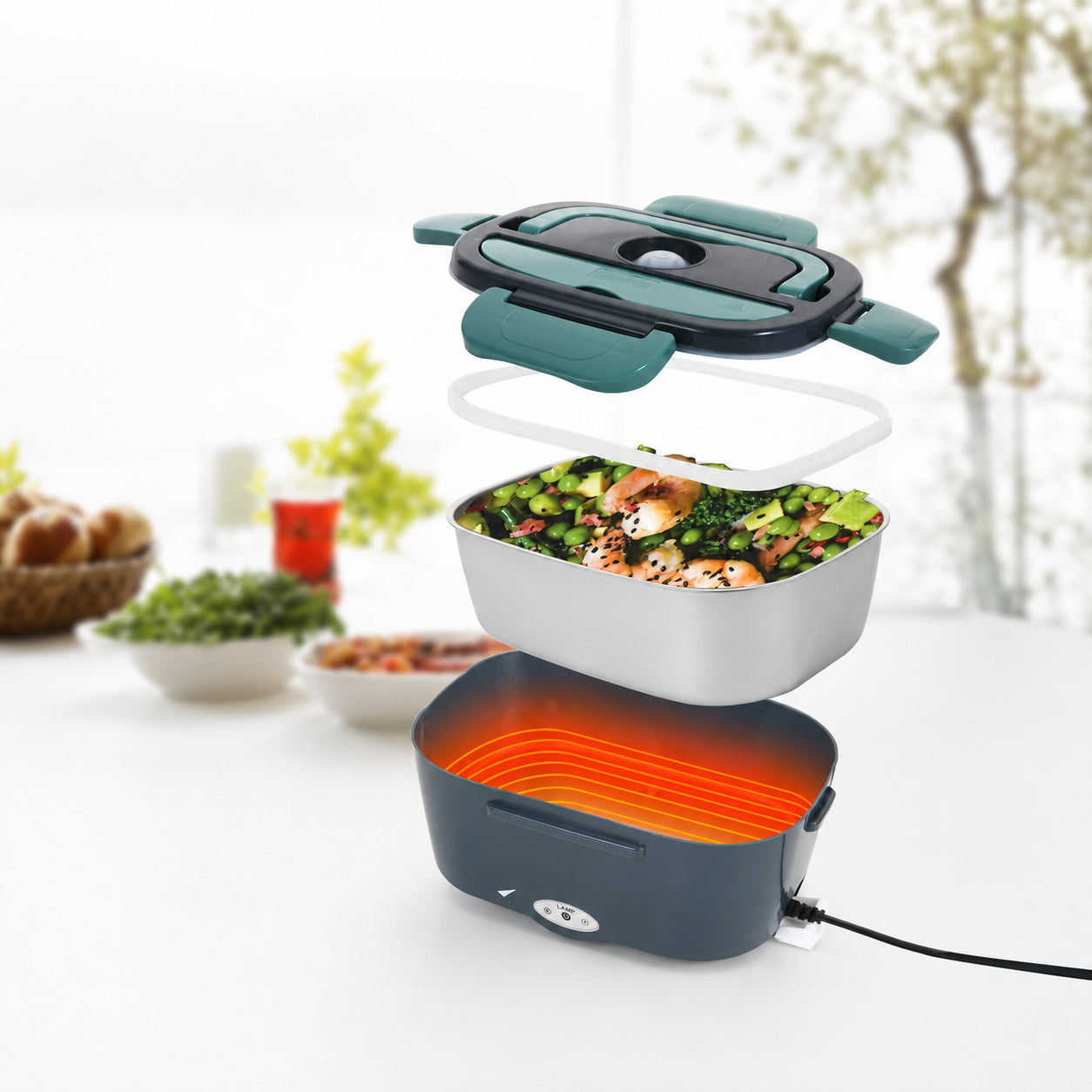 Електричний ланч-бокс для підігріву їжі, 1.5 л, 220V, USB, з сумкою чохлом, Зелений / Контейнер з підігрівом / Термоланчбокс