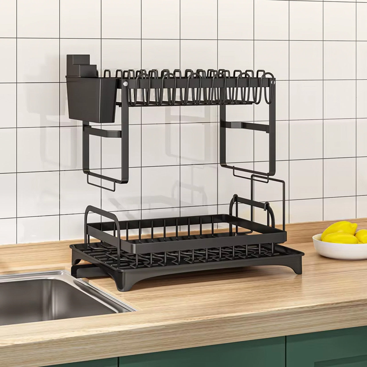 Сушарка для посуду з автоматичним зливом, 2 яруси, 42х33х29см, Чорний / Органайзер для посуду / Настільна сушарка для посуду