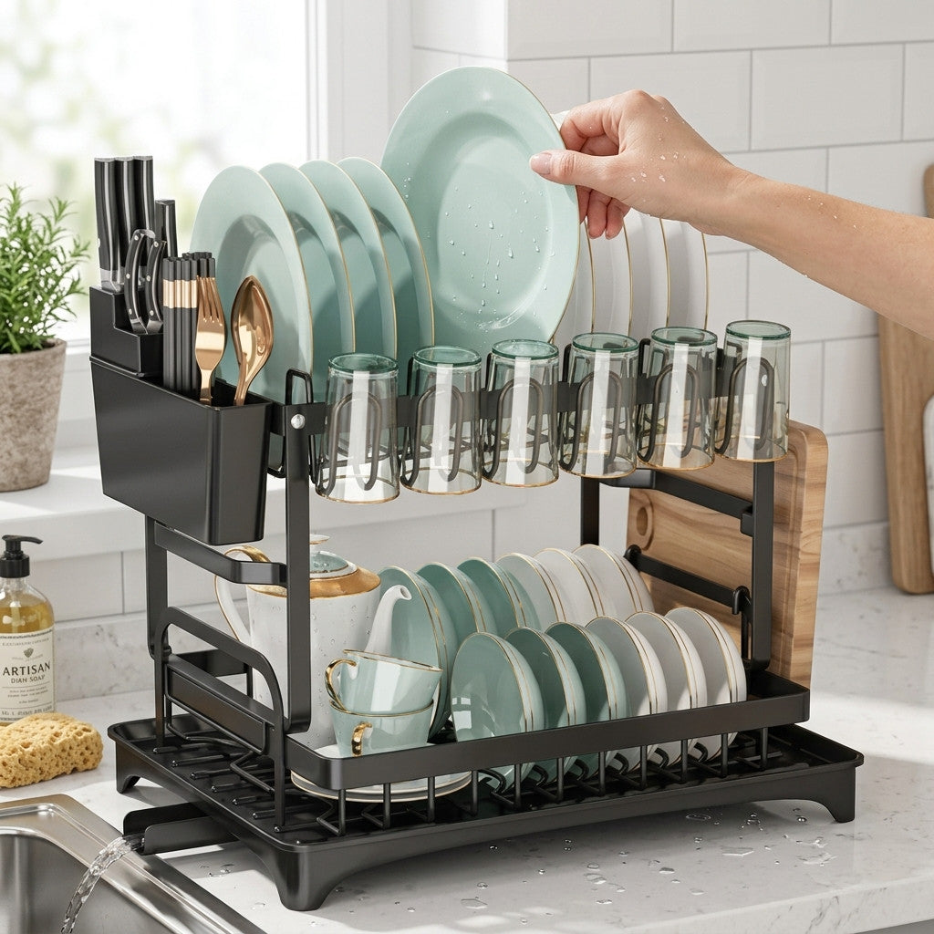 Сушарка для посуду з автоматичним зливом, 2 яруси, 42х33х29см, Чорний / Органайзер для посуду / Настільна сушарка для посуду